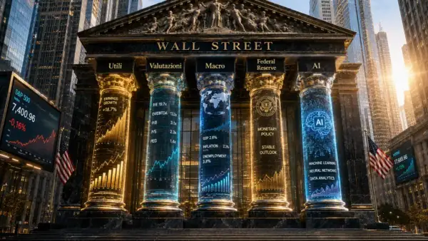 Il mercato americano oggi: la Borsa di Wall Street con colonne digitali che mostrano dati su utili, valutazioni, macroeconomia, Federal Reserve e AI.