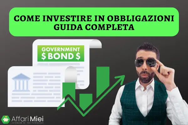 Uomo con occhiali da sole spiega come funzionano le obbligazioni, con grafici e documento "Government Bond".