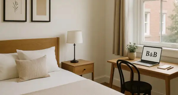 A B&B room with a bed, desk, laptop, and window.