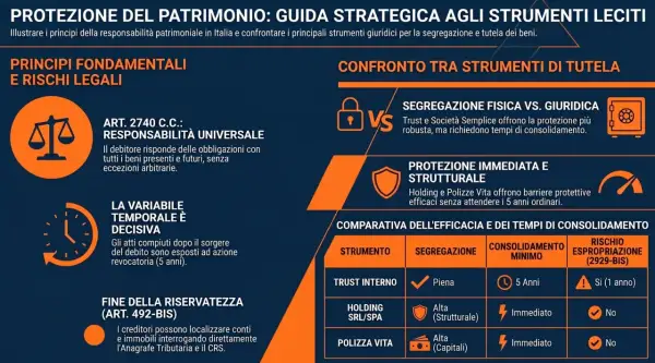 Guida strategica per la protezione del patrimonio: confronto tra strumenti di tutela, inclusi Trust, Holding e polizze vita, con focus su polizze rami elementari.