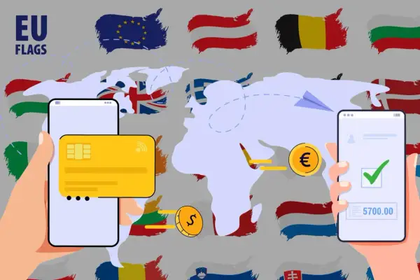 Mani che usano smartphone per bonifici internazionali. Bandiere UE e mappa del mondo suggeriscono transazioni europee, forse con bper problemi bonifici.