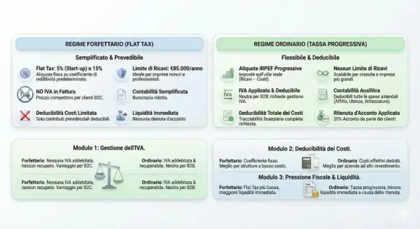 Confronto regimi fiscali: Forfettario (Flat Tax) vs Ordinario. Analisi IRPEF, IVA e deducibilità costi per partita IVA.