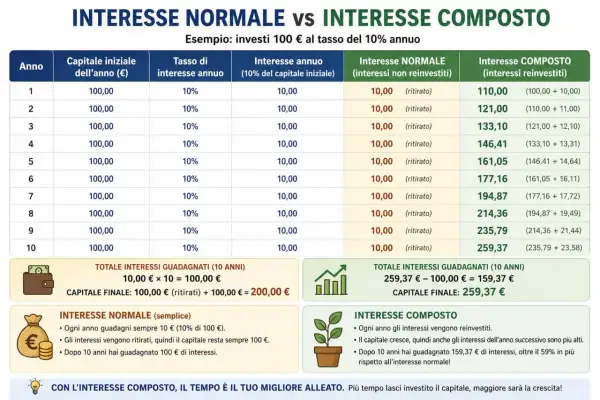 Tabella che confronta interesse normale e interesse composto su un investimento di 100€ per 10 anni al 10% annuo. L'interesse composto mostra una crescita esponenziale.