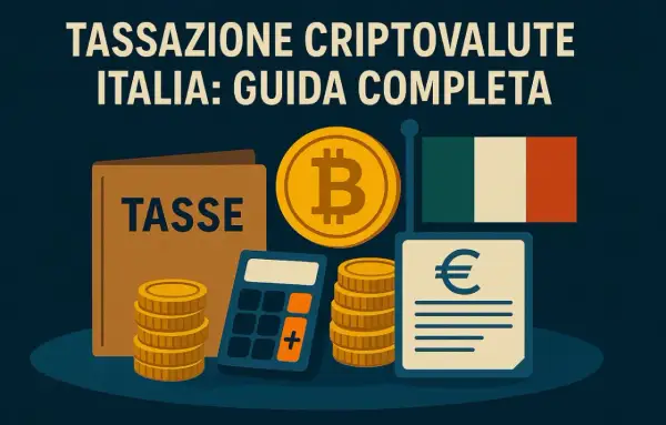 Guida alla tassazione criptovalute in Italia: calcolatrice, monete, Bitcoin, bandiera italiana e documento con simbolo euro.