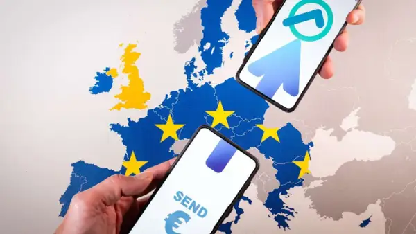 Due smartphone mostrano l'invio di denaro tramite app, su una mappa dell'Europa con la bandiera UE. Quanti bonifici istantanei si possono fare in un giorno?