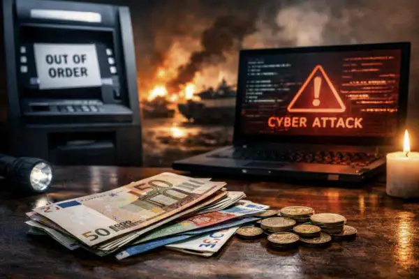 In caso di guerra, i soldi in banca che fine fanno? ATM fuori uso, attacco cyber su laptop, soldi e monete sul tavolo, candela accesa e fiamme sullo sfondo.
