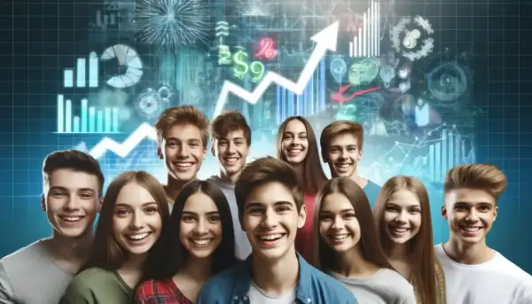 Giovani sorridenti con grafici finanziari e freccia in crescita sullo sfondo. Un futuro luminoso grazie all'investire per i figli.